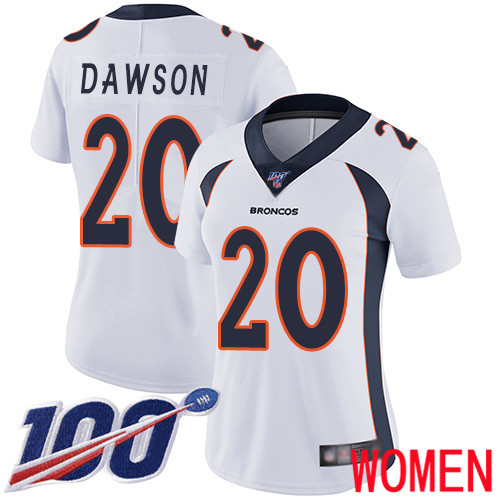 Women Denver Broncos 20 Duke Dawson White Vapor Untouchable Limited Player 100th Season Football NFL Jersey